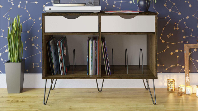 This mid-century modern console is designed specifically for everything vinyl: it holds both your turntable and your entire collection. It comes in multiple sizes and colors as well.